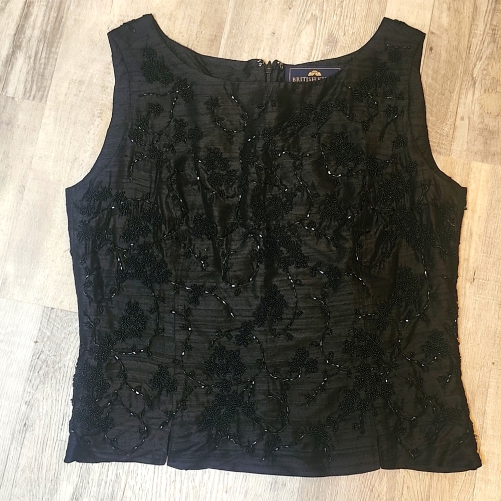 British Khaki Blouse Women’s 6 Black Silk Beaded Sleeveless Cropped Goth